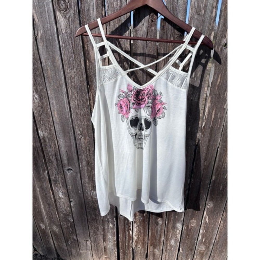 Skull Floral Tank Top Womens Large White Excellent Strappy Lace Goth Boho